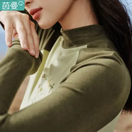 茵曼半高领加绒打底衫女2024新款春秋季长袖t恤体恤德绒保暖内搭图片