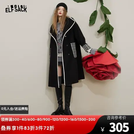 妖精的口袋黑色风衣大衣外套女2022秋冬新款韩系气质长款呢子外套图片