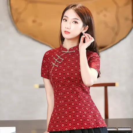 筠雅唐装女中国风半身旗袍上衣棉麻复古红色盘扣古风茶服中式女装商品大图