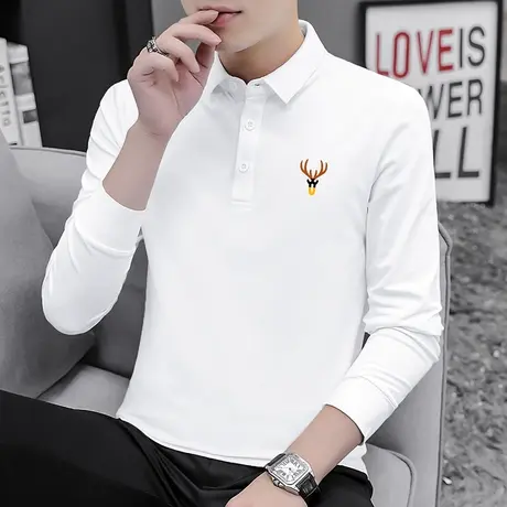 珠地棉白色polo衫男长袖翻领t恤2023新款保罗带领打底衫鹿头体恤商品大图