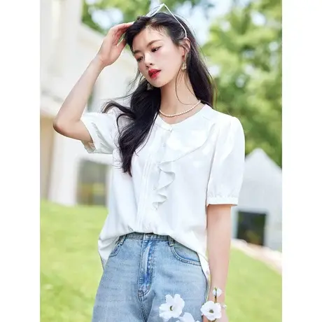 时尚气质圆领短袖衬衫2023年夏季新款淑女温柔宽松显瘦通勤上衣商品大图