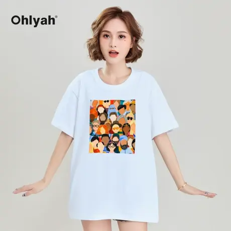 Ohlyah品牌 短袖t恤女港风欧美人物油画洋气印花上衣服白色半截袖商品大图