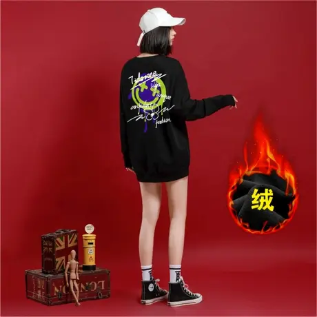 Ohlyah潮牌无帽卫衣女笑脸印花纯棉套头秋冬情侣加绒加厚学生外套商品大图