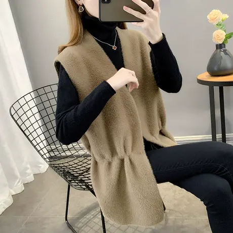 秋冬2023年新款针织衫水貂绒V领抽绳中长款开衫马甲女宽松百搭女商品大图