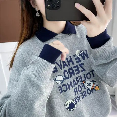 假两件女士卫衣2023年新款ins超火小方领短款宽松小个子上衣洋气商品大图