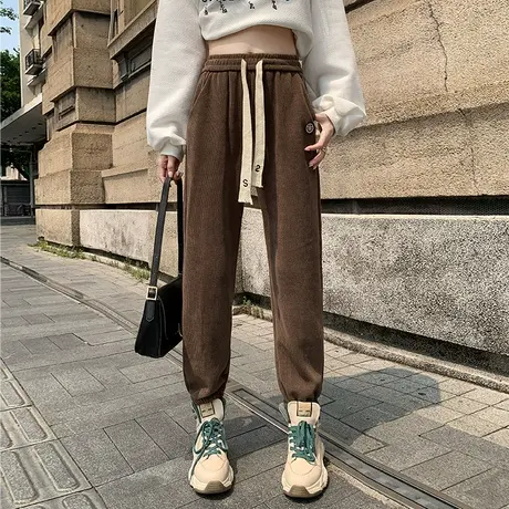 灯芯绒束脚卫裤长裤子女秋冬季新款刺绣笑脸阔腿裤运动风休闲裤图片
