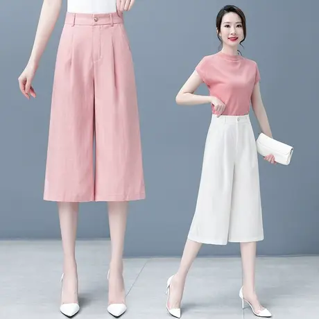 时尚棉麻阔腿裤女2023夏季新款高腰宽松显瘦七分裤垂感休闲直筒裤图片