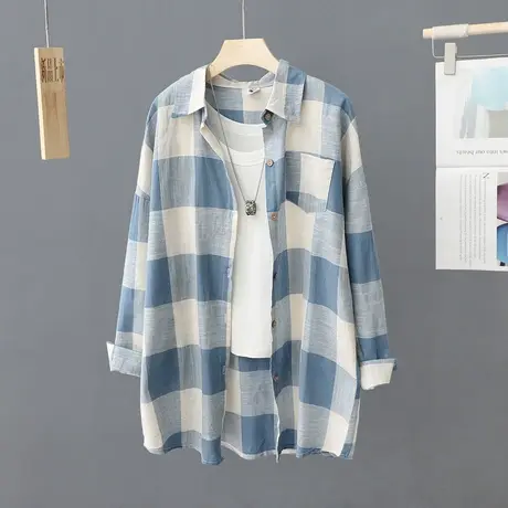 防晒衬衫外套女2023新款春夏季设计感叠穿休闲格子衬衣中长款开衫图片