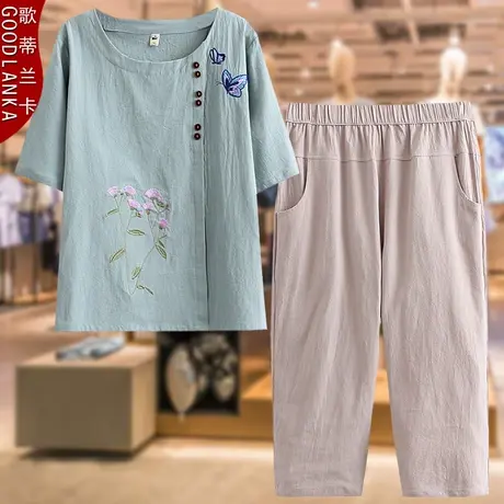 中老年胖妈妈夏装套装短袖棉麻上衣洋气加肥加大中年妈妈装两件套商品大图