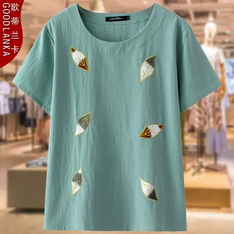 大码中年妈妈短袖t恤新款宽松洋气中老年女小衫夏装刺绣纯棉上衣商品大图