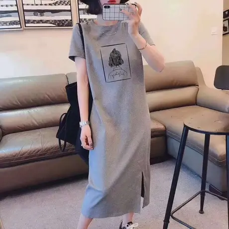 大码胖妹妹短袖t恤裙女宽松中长款遮肉显瘦下摆开叉气质连衣裙子图片