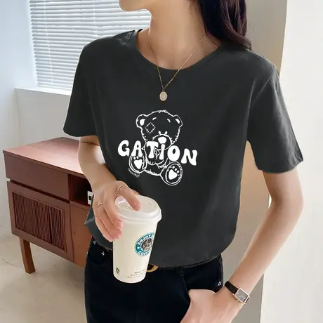 夏装短袖t恤女纯棉小熊正肩宽松百搭上衣2022年新款独特设计体恤商品大图