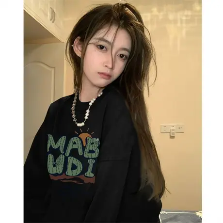 黑色圆领卫衣女小个子2023秋冬字母印花慵懒宽松显瘦加绒加厚上衣图片