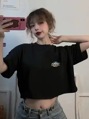 辣妹短款黑色短袖T恤女2023夏季新款高腰露脐仿棉正肩半袖上衣潮商品大图