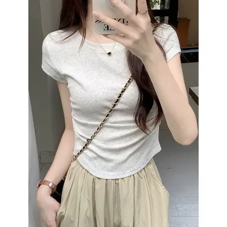 下摆不规则短款正肩短T恤女夏百搭韩版修身显瘦纯欲性感紧身上衣商品大图