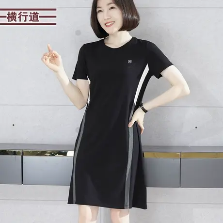 连衣裙夏季女圆领绣花拼色宽松短袖23新款拼接洋气显瘦裙子女夏天图片