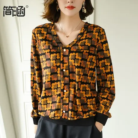 简涵高端大码女装2021秋冬新款胖mm宽松显瘦v领洋气长袖绒衫上衣商品大图