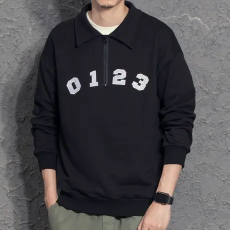 国潮翻领卫衣男刺绣宽松情侣外套2021新款秋季套头亨利领日系简约商品大图