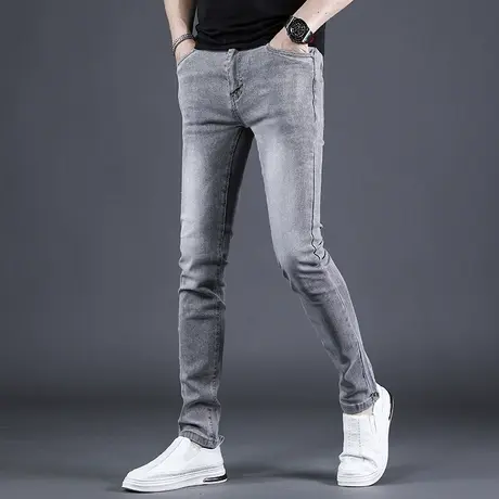 烟灰色牛仔裤男夏季薄款潮牌修身小脚2022年新款男士简约百搭裤子商品大图