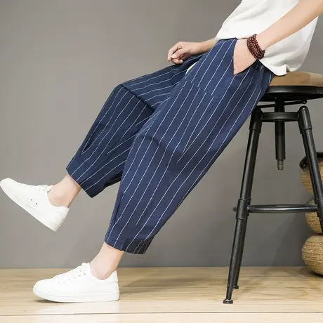 夏季条纹亚麻裤男九分休闲裤宽松直筒裤大码薄款棉麻阔腿哈伦裤子商品大图