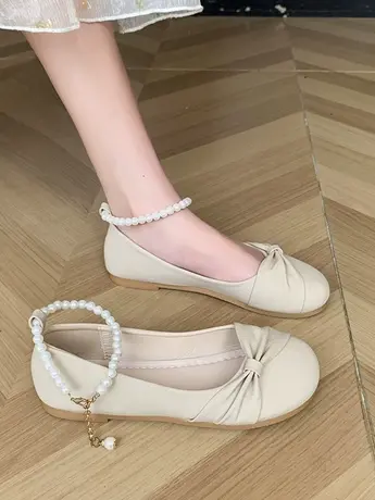 玛丽珍鞋2023年夏季新款珍珠蝴蝶结平底鞋浅口仙女风配裙子单鞋女商品大图