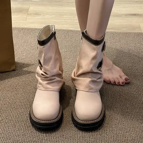 裤管靴女2023春秋薄款英伦风厚底中筒马丁靴西部超火短靴工装靴子商品大图