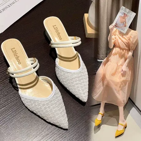 高跟鞋女春网纱包头凉鞋2023年新款粗跟玛丽珍鞋晚晚温柔尖头单鞋商品大图