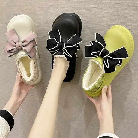 可爱蝴蝶结厚底棉拖鞋女包跟防水秋冬季居家室内防滑毛绒保暖棉鞋图片