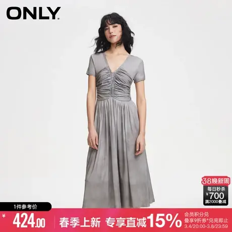 ONLY2024春季新款做旧水洗抽褶设计V领中长款连衣裙女|124161030图片