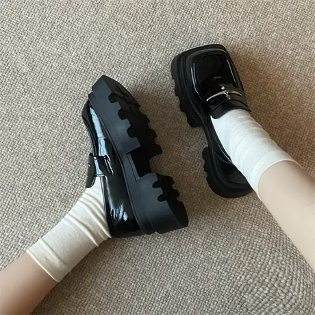厚底乐福鞋女2024年新款黑色英伦小个子增高小皮鞋一脚蹬粗跟单鞋商品大图