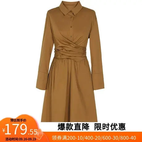 【艾格】2023春季新款女假两件松紧纽扣长袖收腰衬衫连衣裙图片