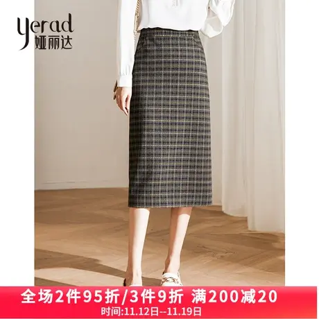 娅丽达格子半身裙女2023年春秋新款后开叉毛呢中长裙高腰直筒裙子图片
