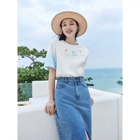 茵曼清新休闲T恤2023夏女装新款圆领短袖晕染贴布绣印花宽松上衣商品大图