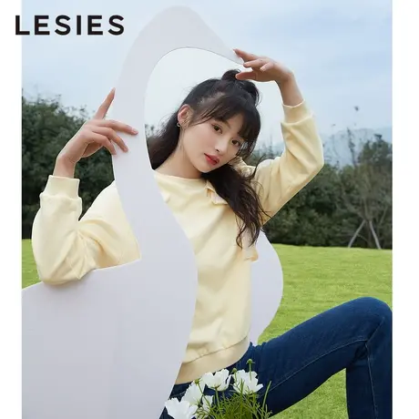 LESIES蓝色倾情春秋新款女通勤OL圆领蝴蝶结装饰长袖套头卫衣图片