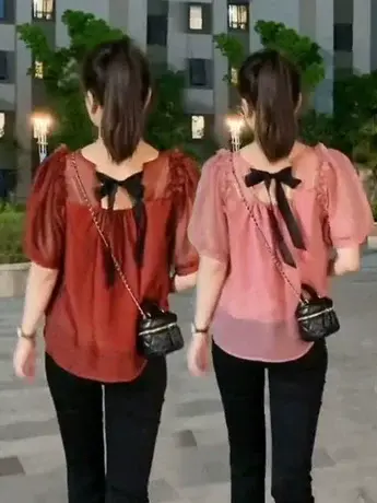 木耳边短袖系带雪纺衫女上衣夏季2023新款设计感小众遮肚子小衫潮商品大图