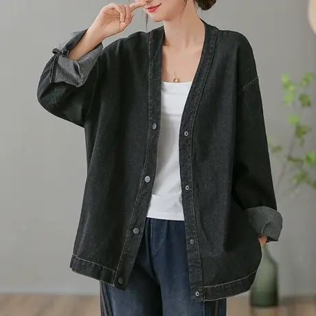 dza 复古宽松V领牛仔外套女士春秋季新款显瘦外搭上衣休闲长袖女图片