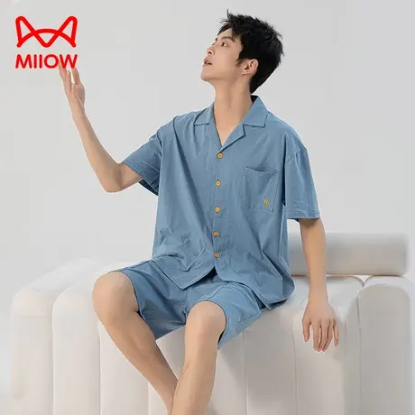 猫人夏季男士休闲短袖开衫抑菌防螨睡衣套装夏薄款宽松纯棉家居服商品大图