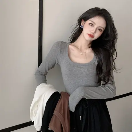 打底衫内搭基础款低胸长袖紧身修身显瘦纯色大u领t恤女装上衣秋女图片