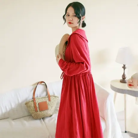 胖妹妹秋2023新品棉质娃娃领减龄连衣裙大码微胖复古收腰显瘦长裙商品大图