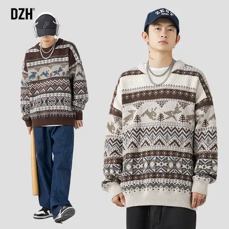 男士针织衫提花毛衣男秋冬款美式复古圆领上衣2023新款衣服情侣装商品大图