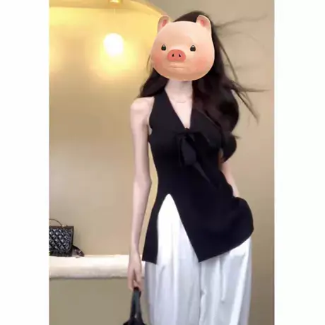 纯欲风V领针织吊带背心女夏季外穿修身显瘦开叉无袖挂脖辣妹上衣图片