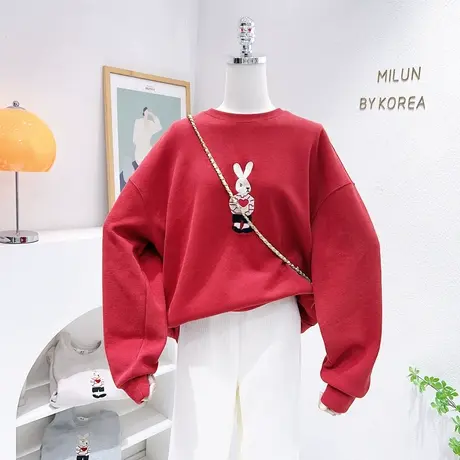 刺绣爱心兔子红色上衣软糯2023春款韩国东大门仿针织长袖卫衣宽松图片