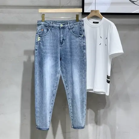 夏季薄款牛仔裤男冰丝修身直筒潮牌男裤2023新款男士休闲九分裤子图片