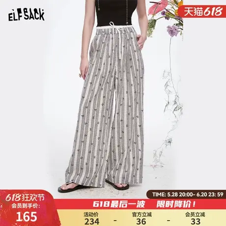妖精的口袋蕾丝格子阔腿休闲裤女2025春季新款宽松慵懒风直筒裤子图片