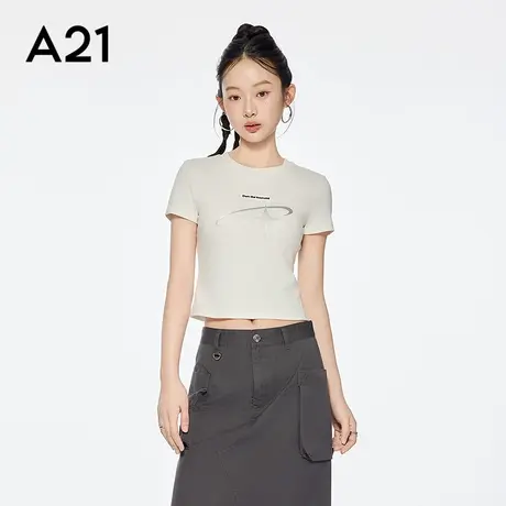 A21女装印花字母圆领短款T恤2025夏新款简约修身显瘦微弹短袖上衣图片