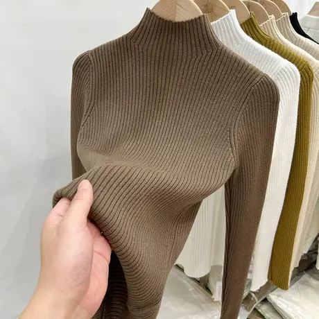 半高领坑条显瘦毛衣女2022秋冬新款纯色内搭加厚针织衫打底衫上衣商品大图