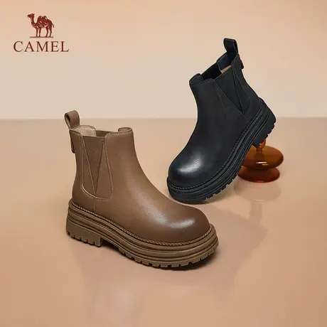 骆驼女鞋2025秋季新款真皮增高英伦风靴子女弹力厚底切尔西短靴商品大图