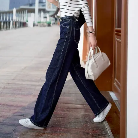 娅丽达锁色阔腿牛仔裤女2025新款宽松遮肉大码秋季弹力慵懒直筒裤商品大图