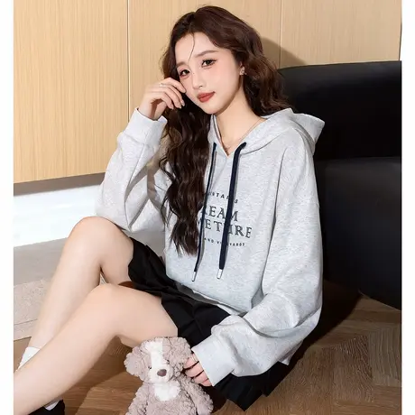 唐狮春秋新款女卫衣短款连帽灰色百搭设计感潮流帽衫小众独特tu商品大图