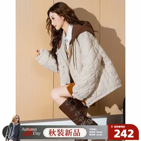 唐狮2025秋冬季女士拼接撞色连帽短款棉衣菱形格时尚百搭设计感图片